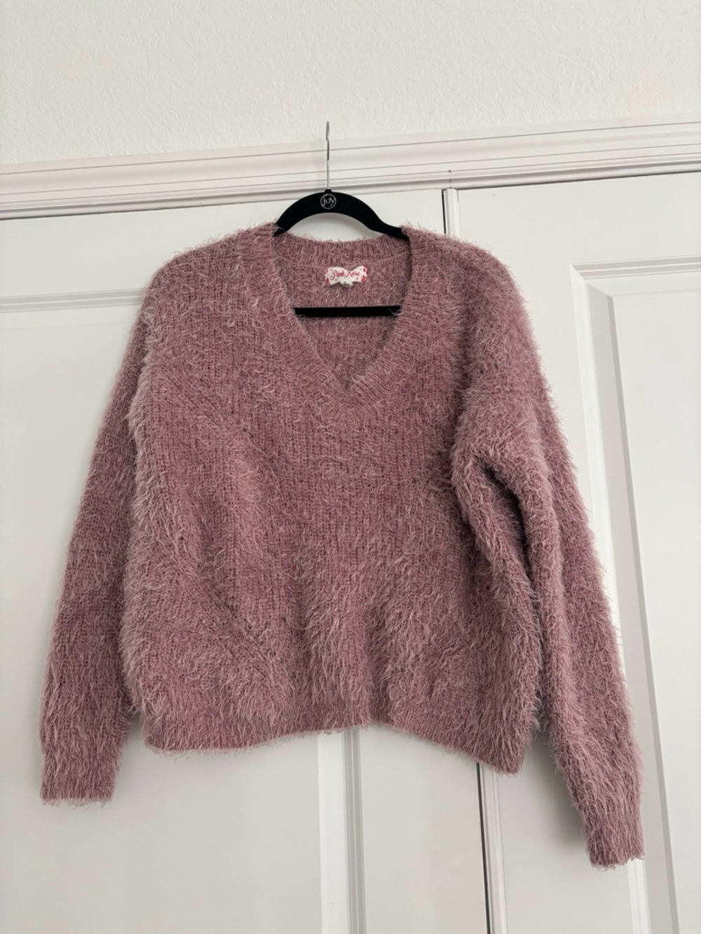 Pink Rose Fuzzy V-Neck Sweater in Dusty Mauve